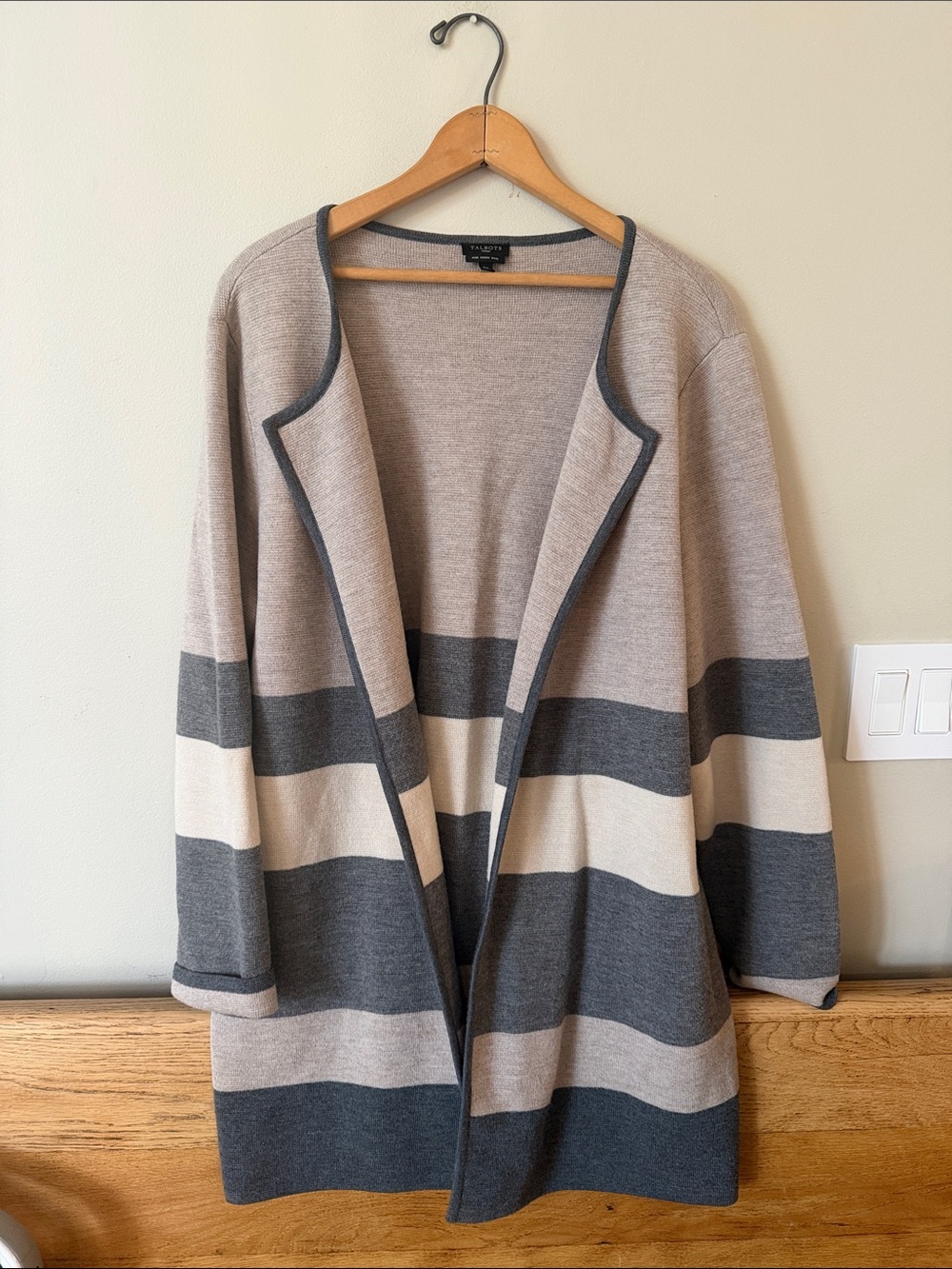 TALBOTS Merino Wool Taupe, Charcoal & Cream Striped Open Cardigan Size 2x